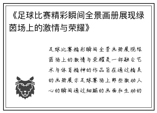 《足球比赛精彩瞬间全景画册展现绿茵场上的激情与荣耀》