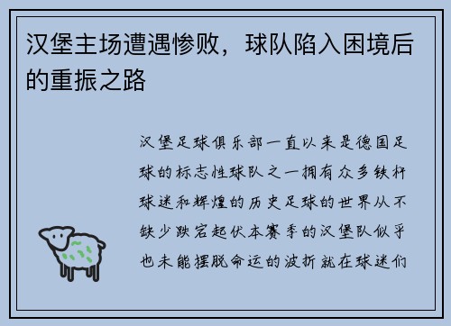 汉堡主场遭遇惨败，球队陷入困境后的重振之路